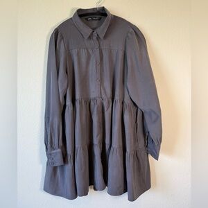 Zara Gray Tiered Button Down Tunic Dress Large Puff Sleeve Pockets